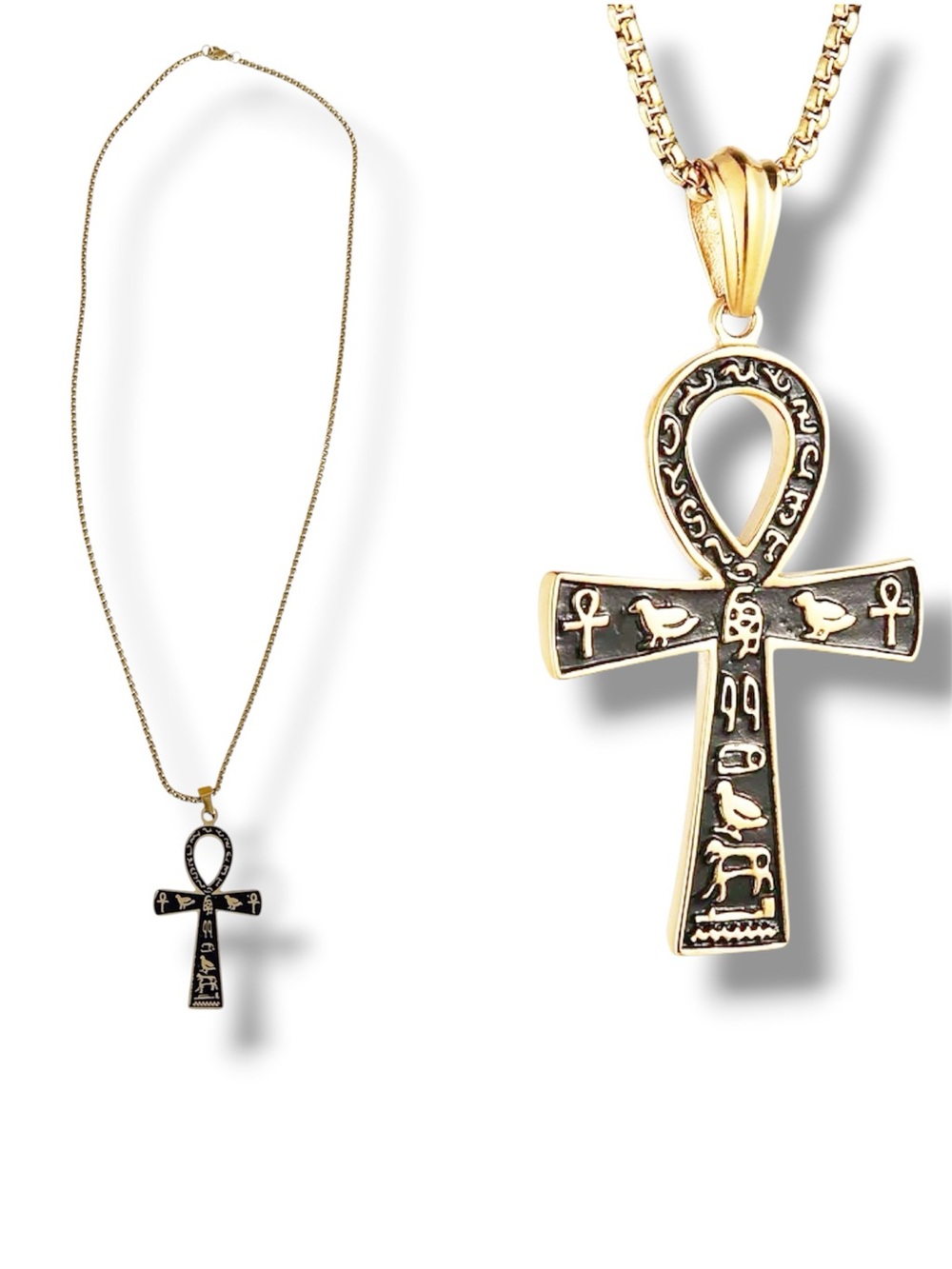 Ankh Cross Egyptian Hieroglyphic Symbol Pendant Necklace with Black enamel.